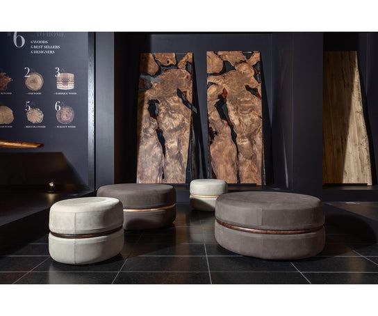Macaron modern wood pouf by Riva 1920 with upholstered fabric or leather seat and solid wood frame | Casa Design Group