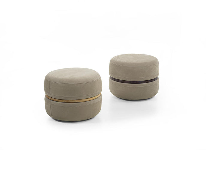Macaron modern wood pouf by Riva 1920 with upholstered fabric or leather seat and solid wood frame | Casa Design Group