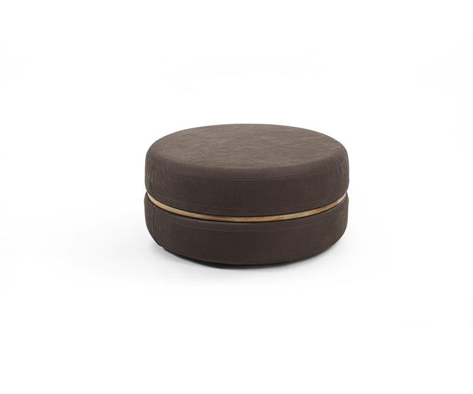 Macaron modern wood pouf by Riva 1920 with upholstered fabric or leather seat and solid wood frame | Casa Design Group