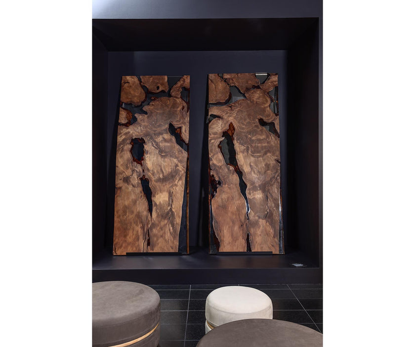 Macaron modern wood pouf by Riva 1920 with upholstered fabric or leather seat and solid wood frame | Casa Design Group