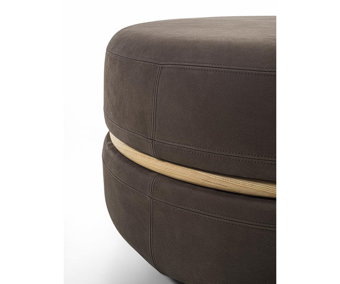 Macaron modern wood pouf by Riva 1920 with upholstered fabric or leather seat and solid wood frame | Casa Design Group