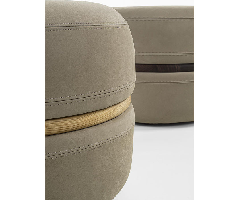 Macaron modern wood pouf by Riva 1920 with upholstered fabric or leather seat and solid wood frame | Casa Design Group