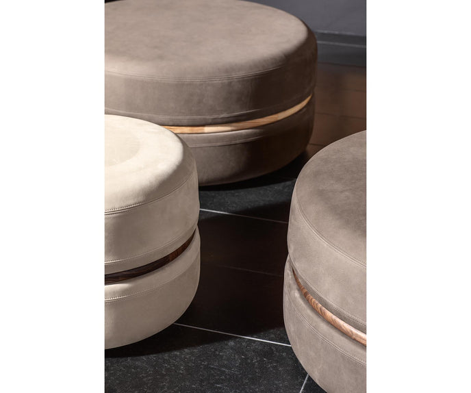Macaron modern wood pouf by Riva 1920 with upholstered fabric or leather seat and solid wood frame | Casa Design Group