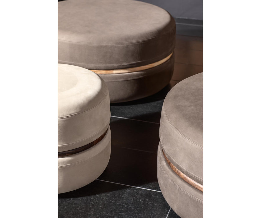 Macaron modern wood pouf by Riva 1920 with upholstered fabric or leather seat and solid wood frame | Casa Design Group