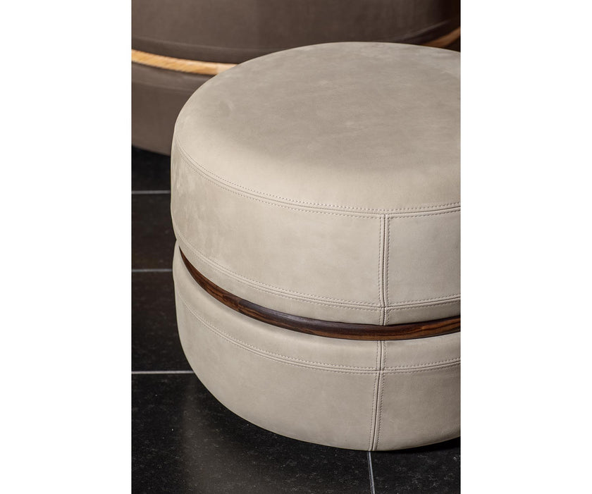 Macaron modern wood pouf by Riva 1920 with upholstered fabric or leather seat and solid wood frame | Casa Design Group