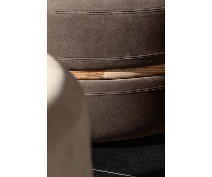 Macaron modern wood pouf by Riva 1920 with upholstered fabric or leather seat and solid wood frame | Casa Design Group