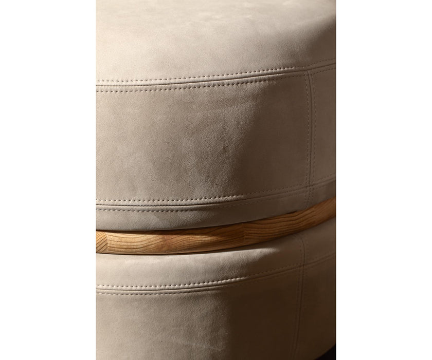 Macaron modern wood pouf by Riva 1920 with upholstered fabric or leather seat and solid wood frame | Casa Design Group