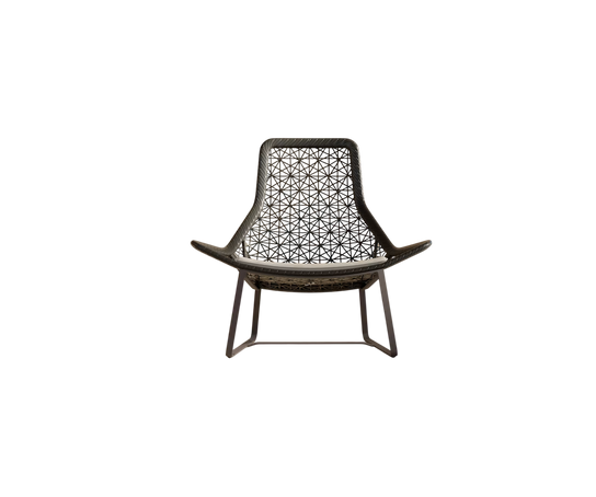 Maia Relax Chair by Kettal featuring a braided Chesnut Maia frame with laminate fabric cushions, modern outdoor lounge chair for luxury patio and terrace spaces | Casa Design Group