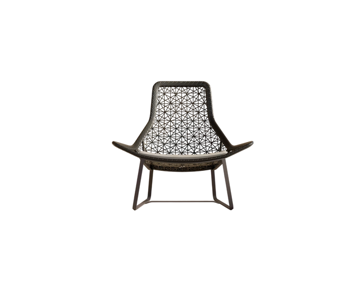 Maia Relax Chair by Kettal featuring a braided Chesnut Maia frame with laminate fabric cushions, modern outdoor lounge chair for luxury patio and terrace spaces | Casa Design Group