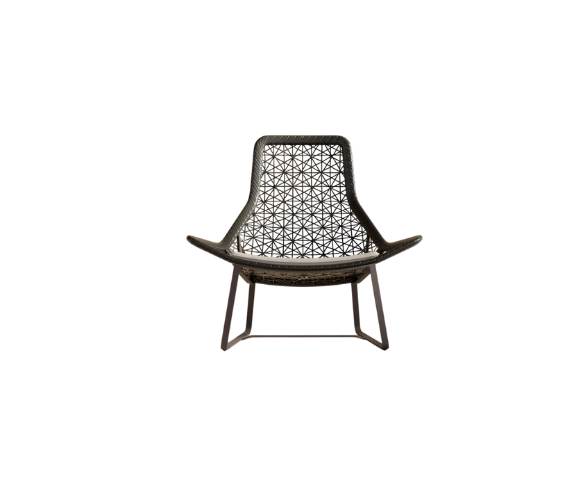Maia Relax Chair by Kettal featuring a braided Chesnut Maia frame with laminate fabric cushions, modern outdoor lounge chair for luxury patio and terrace spaces | Casa Design Group