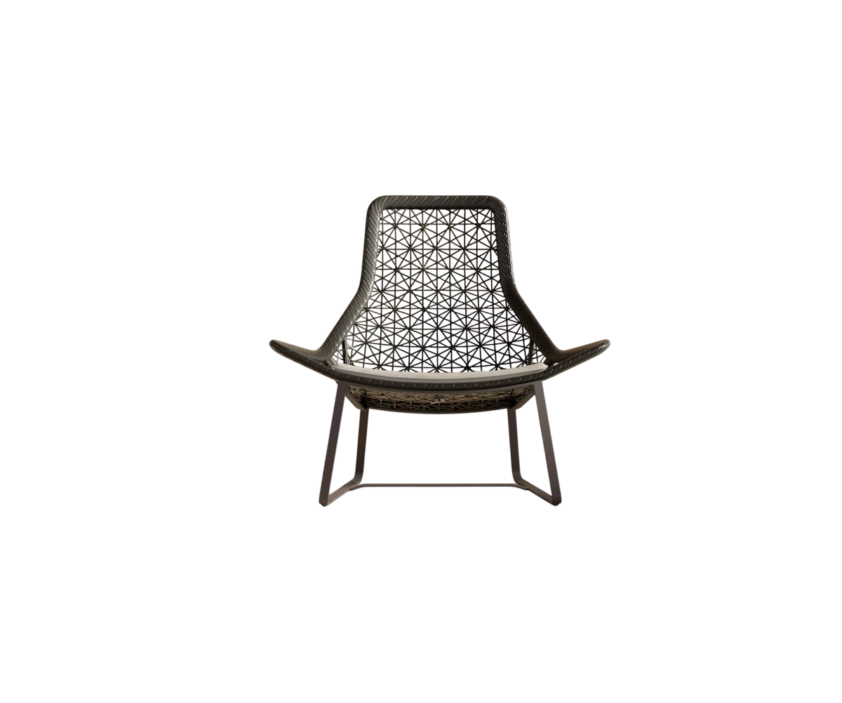 Maia Relax Chair by Kettal featuring a braided Chesnut Maia frame with laminate fabric cushions, modern outdoor lounge chair for luxury patio and terrace spaces | Casa Design Group