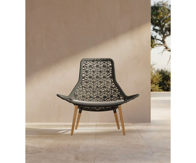 Maia Teak Marengo Relax Chair by Kettal featuring Marengo braided rope, teak legs, and a fog laminate seat cushion, luxury outdoor lounge chair for patios and terraces | Casa Design Group