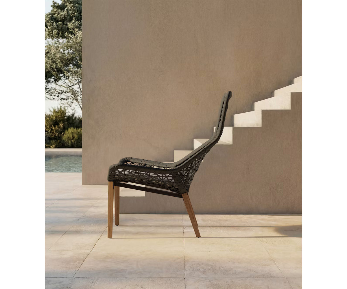 Maia Teak Marengo Relax Chair by Kettal featuring Marengo braided rope, teak legs, and a fog laminate seat cushion, luxury outdoor lounge chair for patios and terraces | Casa Design Group