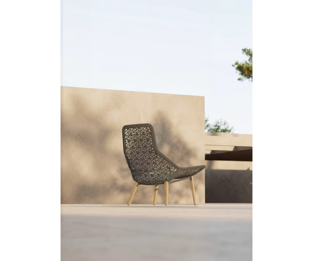 Maia Teak Marengo Relax Chair by Kettal featuring Marengo braided rope, teak legs, and a fog laminate seat cushion, luxury outdoor lounge chair for patios and terraces | Casa Design Group