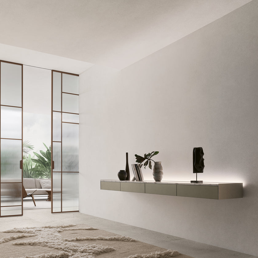 Maxi Sliding Door System with expansive glass panels, aluminum frames and decorative grid patterns by Rimadesio | Casa Design Group