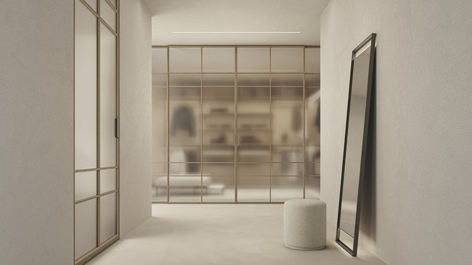 Maxi Sliding Door System with expansive glass panels, aluminum frames and decorative grid patterns by Rimadesio | Casa Design Group