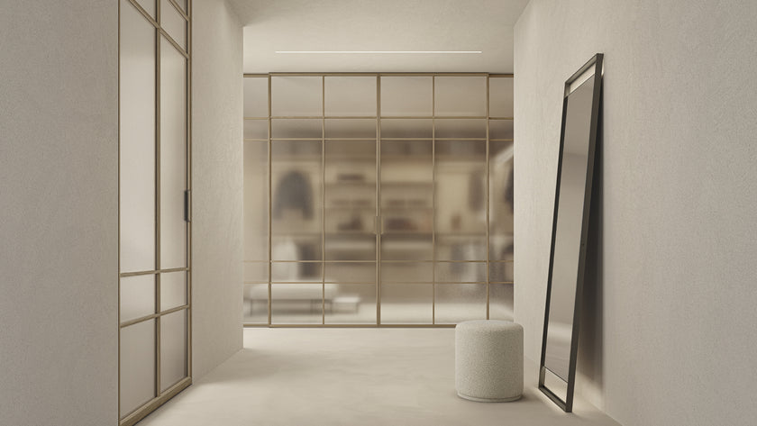 Maxi Sliding Door System with expansive glass panels, aluminum frames and decorative grid patterns by Rimadesio | Casa Design Group