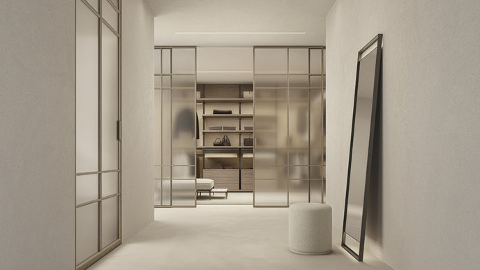 Maxi Sliding Door System with expansive glass panels, aluminum frames and decorative grid patterns by Rimadesio | Casa Design Group