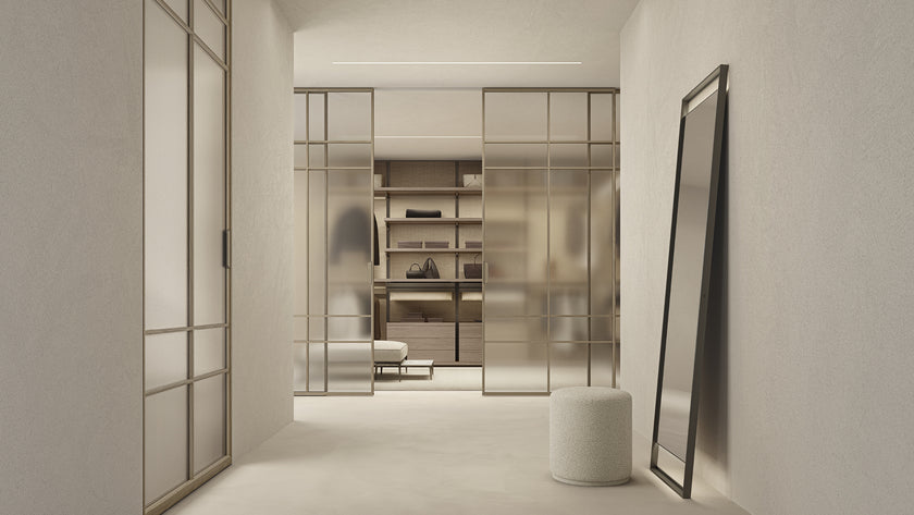 Maxi Sliding Door System with expansive glass panels, aluminum frames and decorative grid patterns by Rimadesio | Casa Design Group