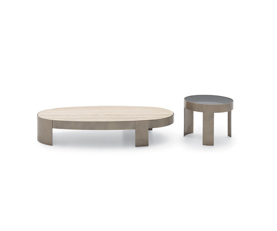 Mekki coffee table by Ditre Italia with an exposed metal frame and marble or glass top.