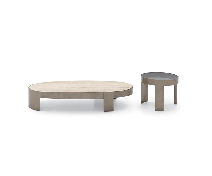 Mekki coffee table by Ditre Italia with an exposed metal frame and marble or glass top.