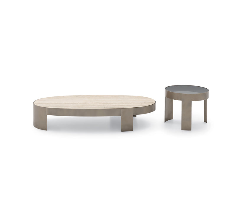 Mekki coffee table by Ditre Italia with an exposed metal frame and marble or glass top.