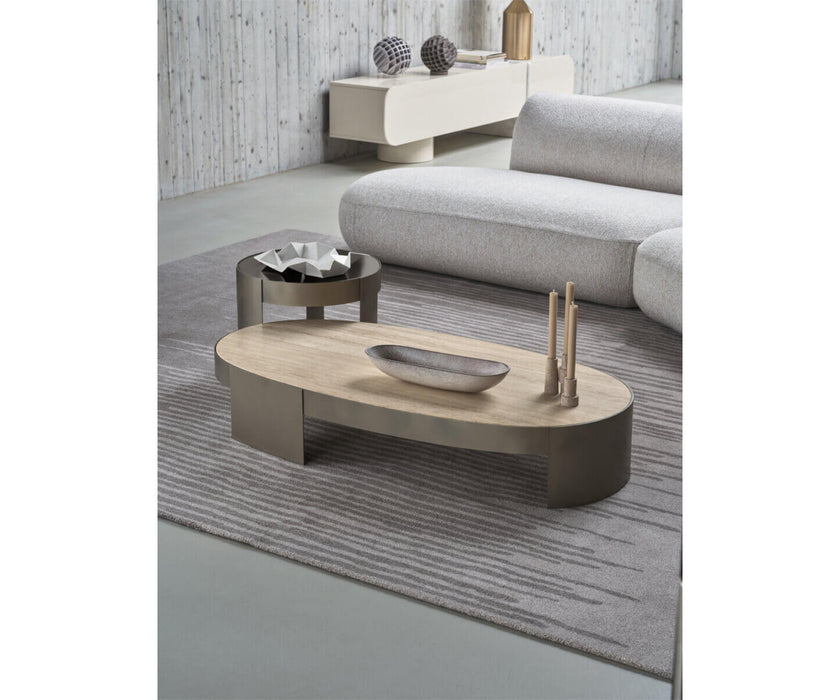 Mekki coffee table by Ditre Italia with an exposed metal frame and marble or glass top.
