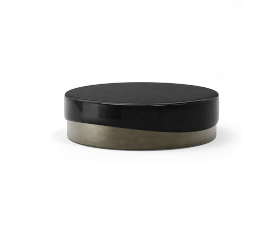 Merian Coffee Table by Capital with a glossy lacquered round top and metallic base.