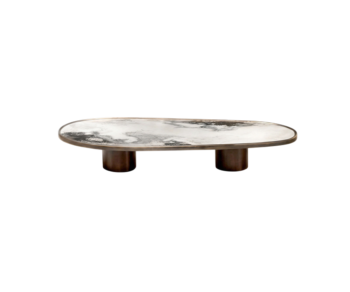 Monaco coffee table by Rugiano with a hand-hammered bronze base and sculptural top.