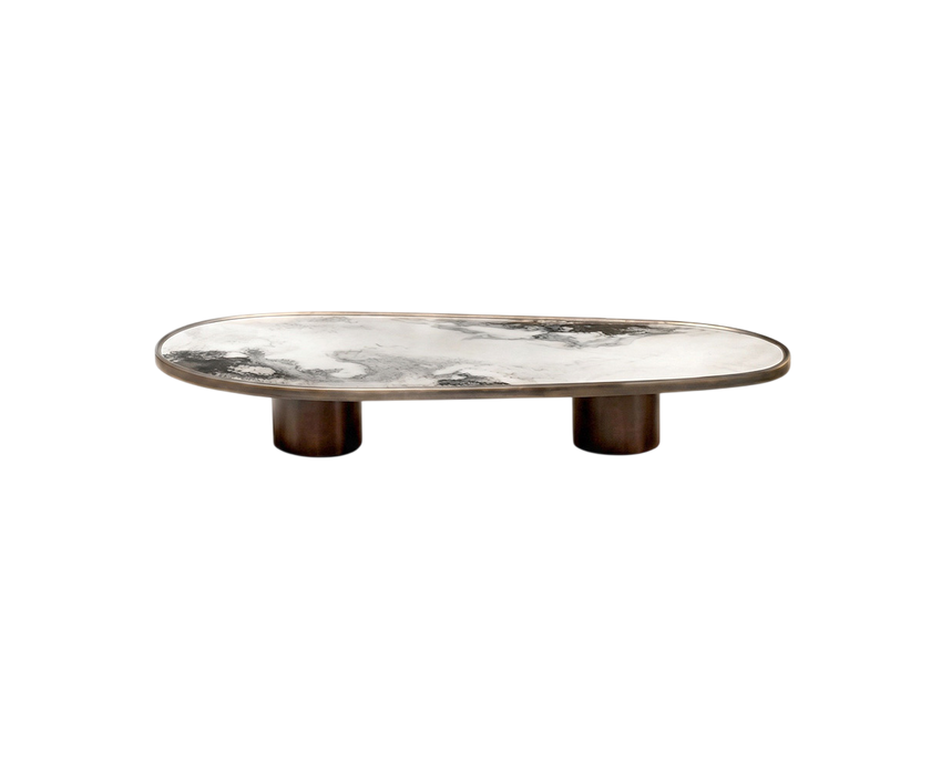 Monaco coffee table by Rugiano with a hand-hammered bronze base and sculptural top.