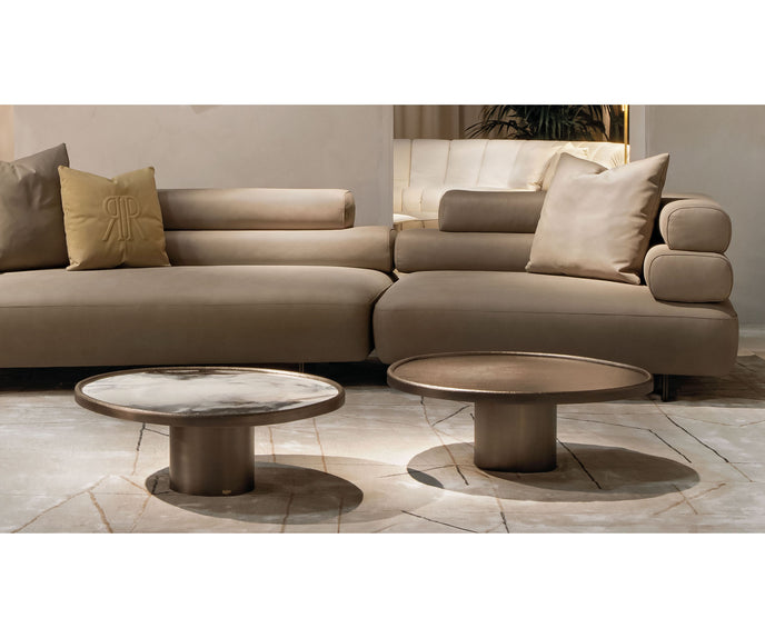 Monaco coffee table by Rugiano with a hand-hammered bronze base and sculptural top.