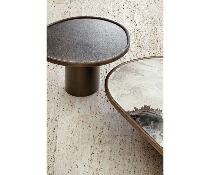 Monaco coffee table by Rugiano with a hand-hammered bronze base and sculptural top.