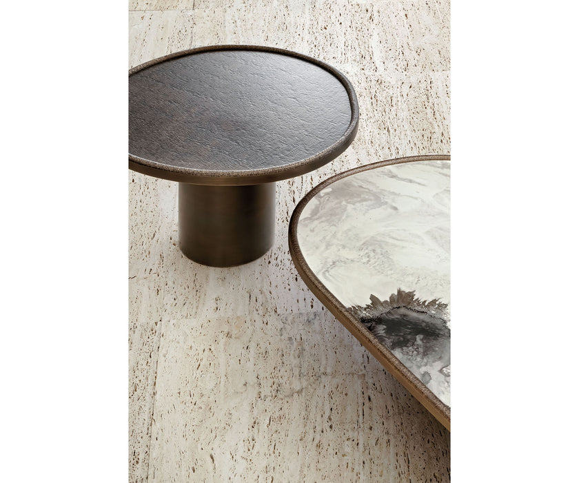 Monaco coffee table by Rugiano with a hand-hammered bronze base and sculptural top.