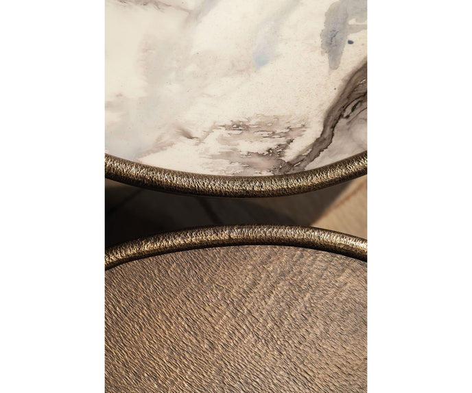Monaco coffee table by Rugiano with a hand-hammered bronze base and sculptural top.