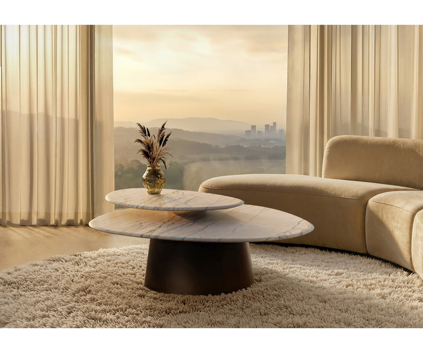 Move Coffee Table by Draenert with rotating natural stone tops and a conical metal base.