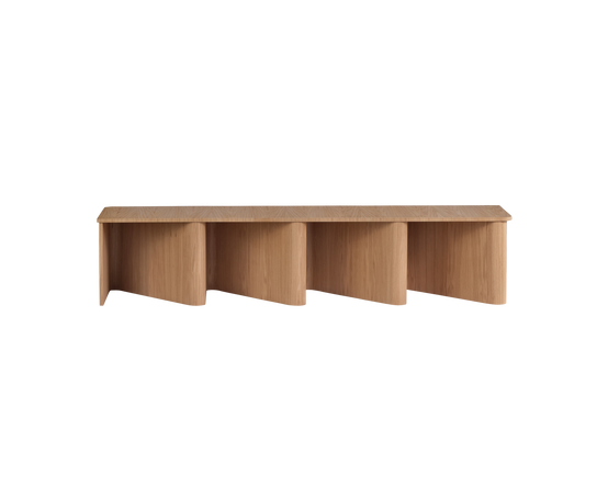 Nami Bench by Miniforms with a sculptural bent wood base and contemporary design.