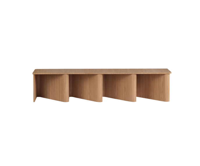 Nami Bench by Miniforms with a sculptural bent wood base and contemporary design.