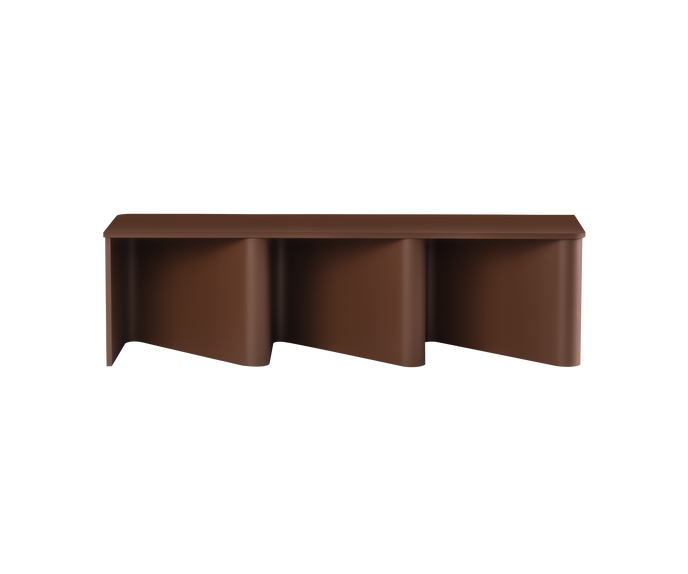 Nami Bench by Miniforms with a sculptural bent wood base and contemporary design.