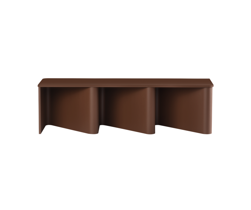 Nami Bench by Miniforms with a sculptural bent wood base and contemporary design.