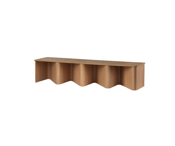 Nami Bench by Miniforms with a sculptural bent wood base and contemporary design.