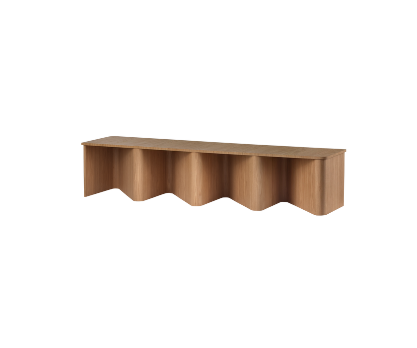 Nami Bench by Miniforms with a sculptural bent wood base and contemporary design.
