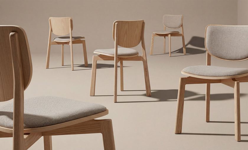 Naqi Dining Chair with solid wood frame and interchangeable upholstered seat by Skram | Casa Design Group