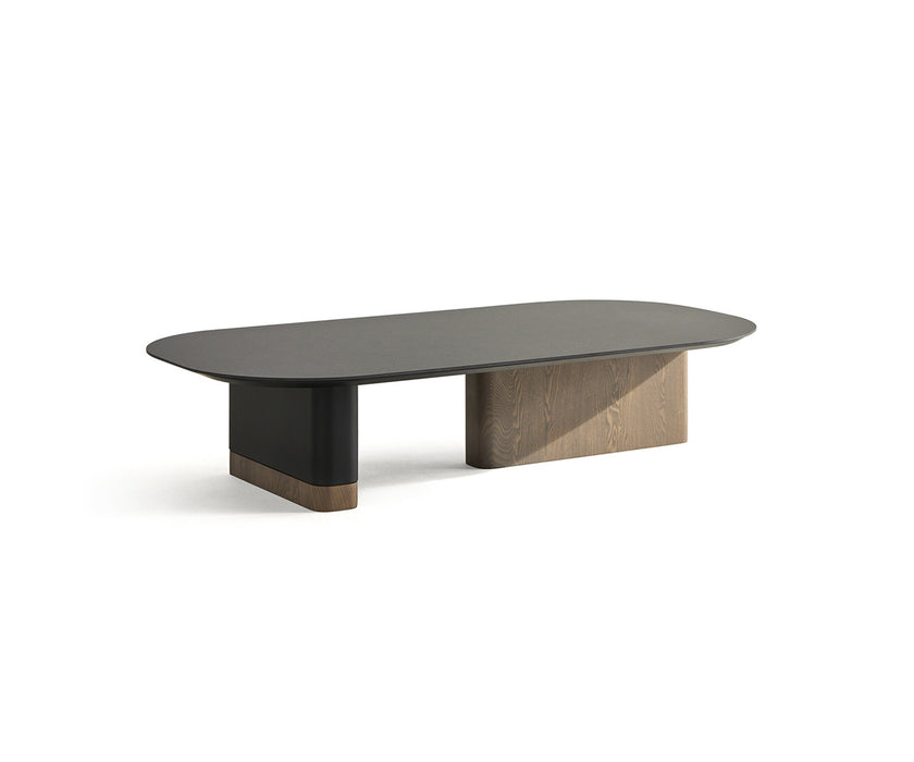 Native Coffee Table by Alexandra with a porcelain top, ash wood, and leather base.