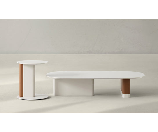 Native Coffee Table by Alexandra with a porcelain top, ash wood, and leather base.