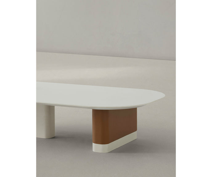 Native Coffee Table by Alexandra with a porcelain top, ash wood, and leather base.