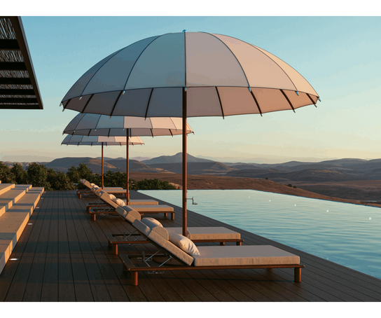 Modern outdoor Bolero parasol by Tuuci featuring curved ribs and titanium mast – Casa Design Group