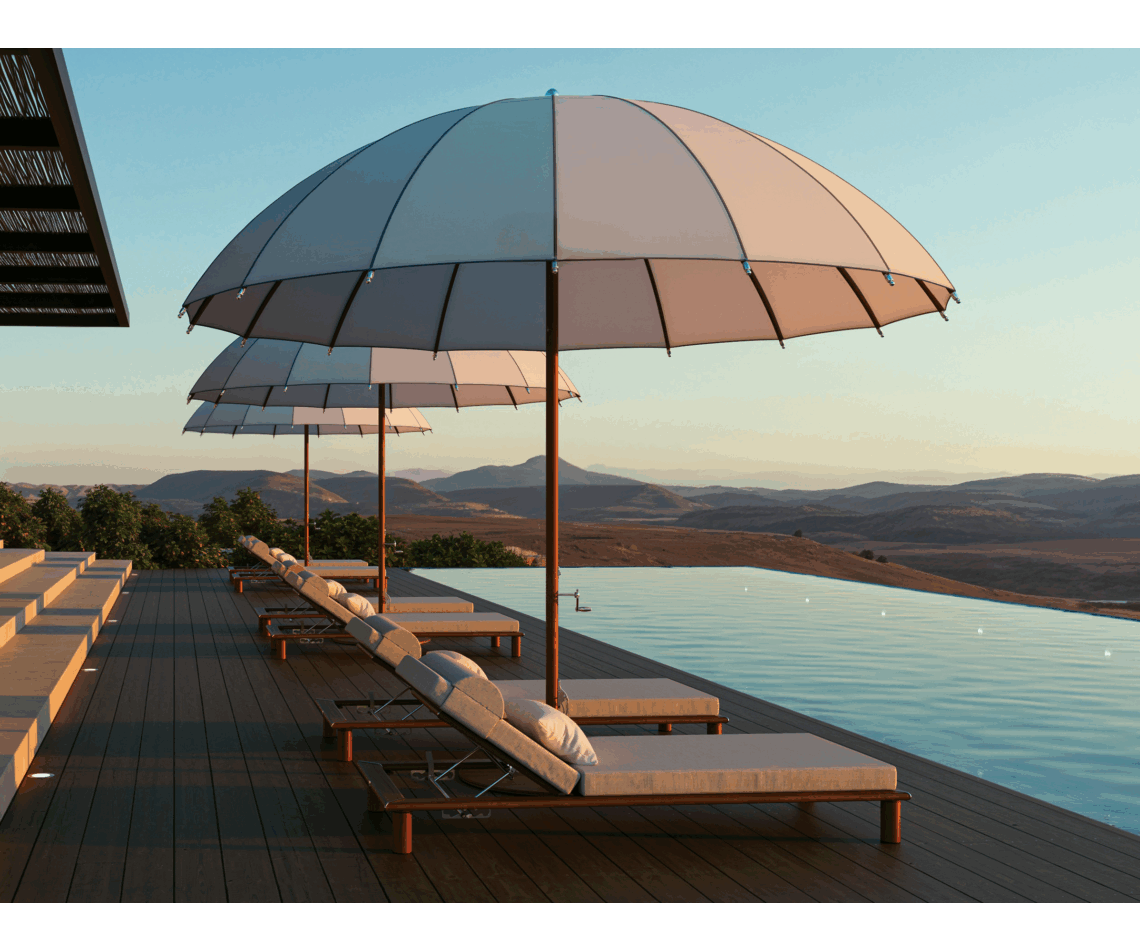 Modern outdoor Bolero parasol by Tuuci featuring curved ribs and titanium mast – Casa Design Group