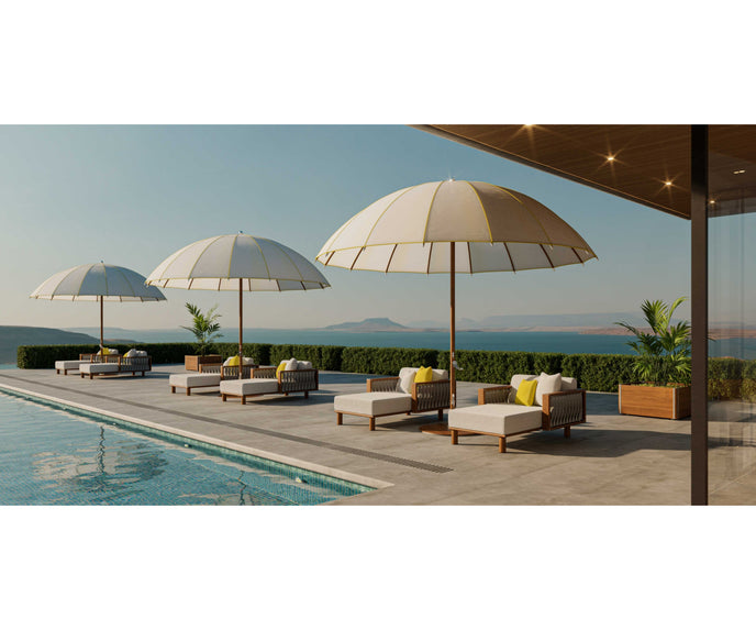 Modern outdoor Bolero parasol by Tuuci featuring curved ribs and titanium mast – Casa Design Group