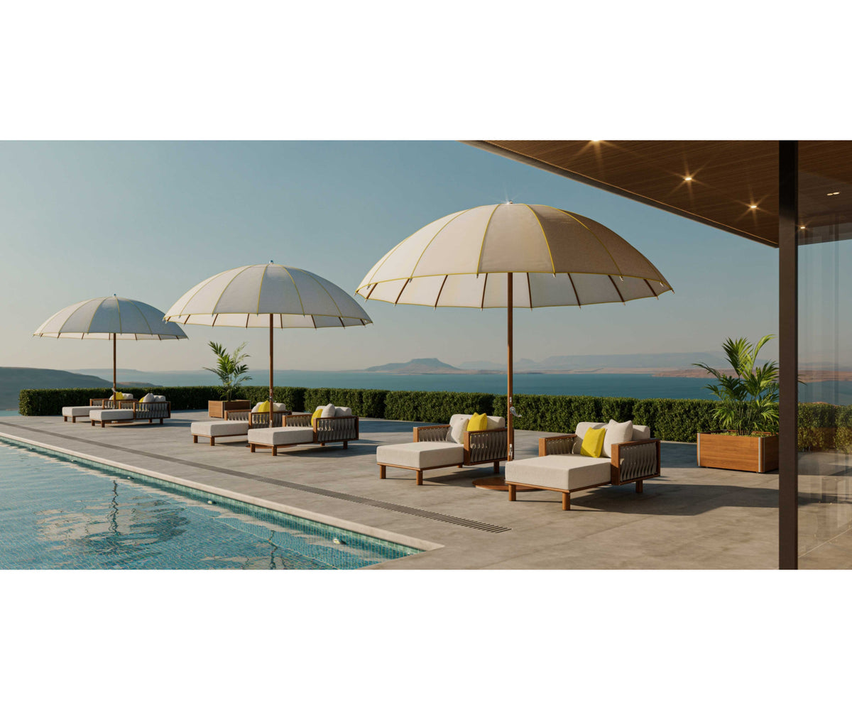 Modern outdoor Bolero parasol by Tuuci featuring curved ribs and titanium mast – Casa Design Group