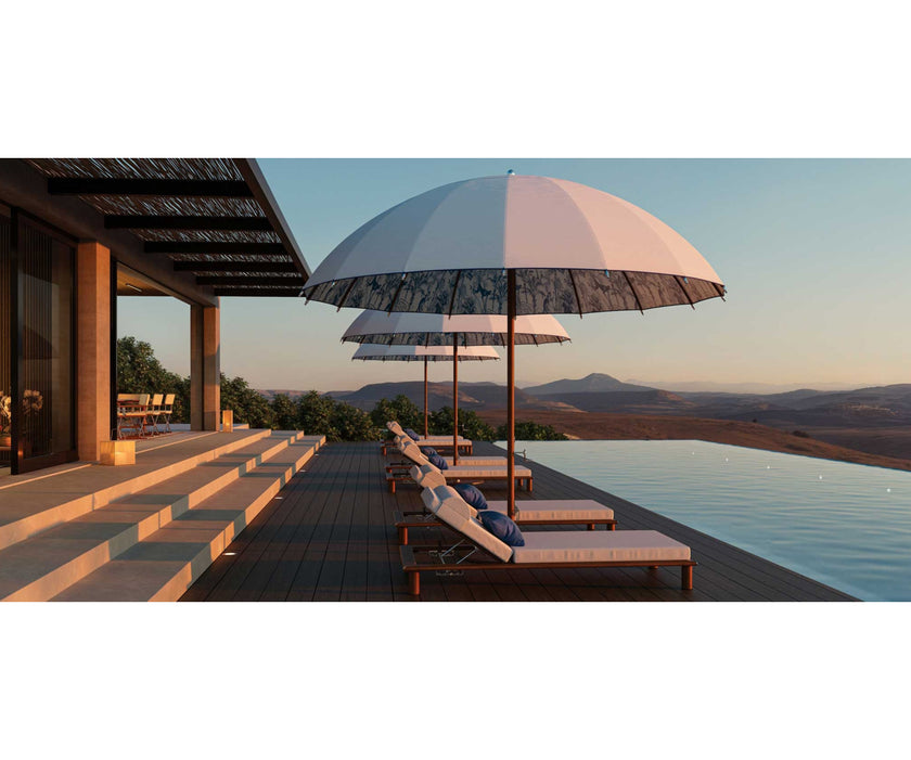 Modern outdoor Bolero parasol by Tuuci featuring curved ribs and titanium mast – Casa Design Group